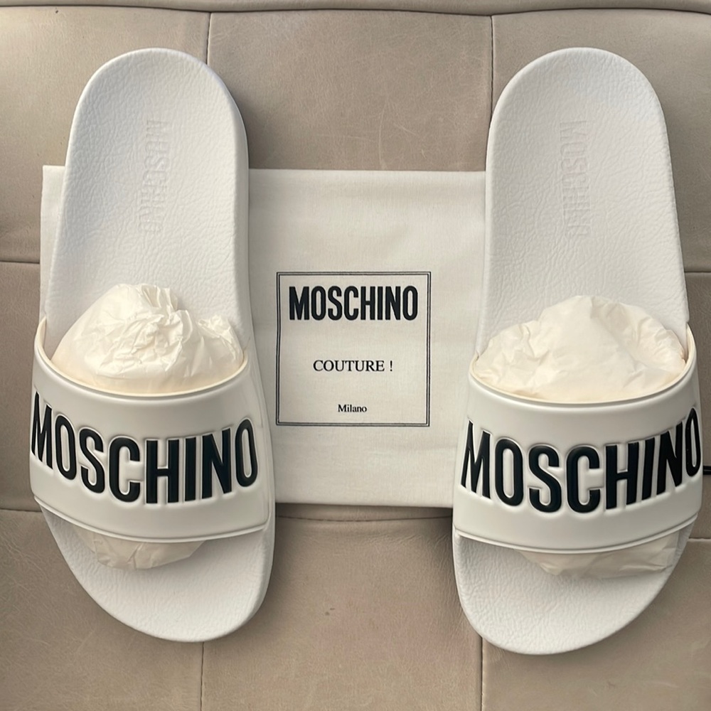 Moschino white pool slides